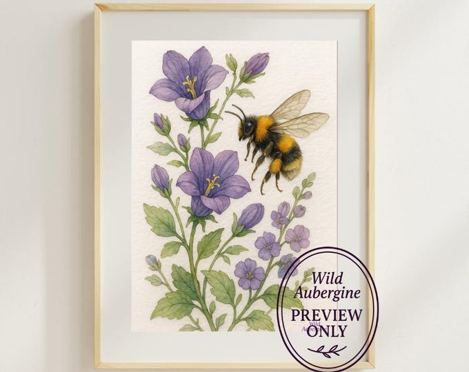 Bumble Bee and Purple Bellflower Print | Botanical Wall Art Printable | Cottagecore Nature Art | Bee & Flower Illustration – Wild Aubergine