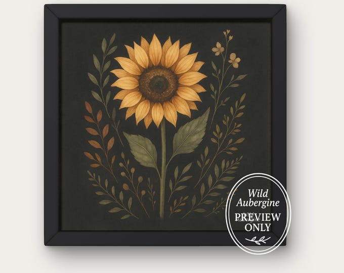 Sunflower Botanical on Black Background Square Printable | Digital Art Download | Boho Nature Decor | Wild Aubergine