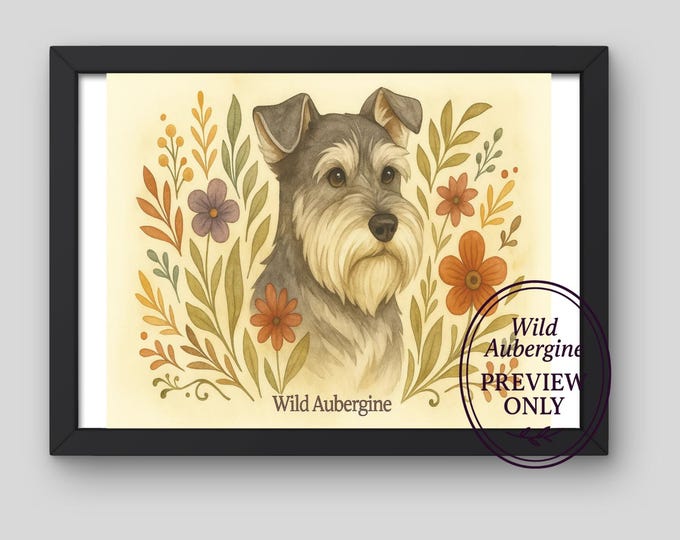 Schnauzer Botanical Wall Art | Digital Wall Art | Dog Printable | Boho Pet Decor with Floral Accents | Wild Aubergine