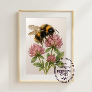 Biene und Klee Aquarell Wandkunst | Wildblumen botanische Illustration | Sofortiger digitaler Download | Wilde Aubergine