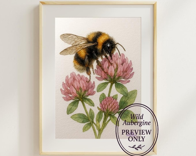 Bee and Clover Watercolor Art Print | Wildflower Botanical Illustration | Instant Digital Download | Wild Aubergine