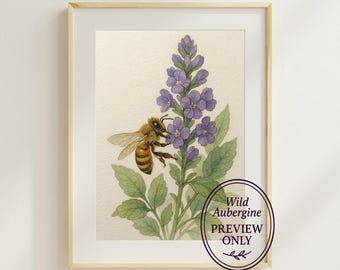 Honeybee and Purple Wildflower Watercolor Print: Cottagecore Botanical Art (Digital Download)