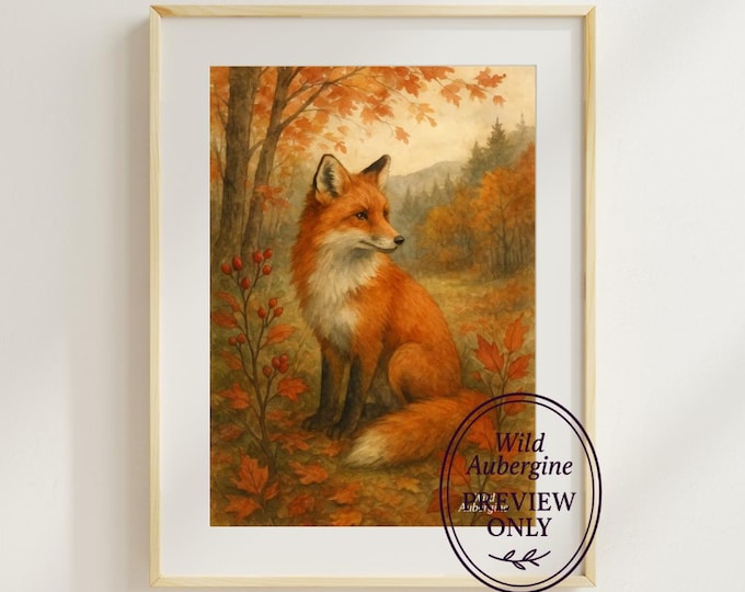 Red Fox Autumn Watercolor Wall Art | Fall Woodland Animal Digital Download | Rustic Nature Home Decor | Wild Aubergine