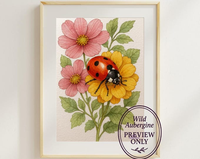 Ladybug on Pink & Yellow Flowers Watercolor Print | Digital Art Download | Botanical Boho Pastel Nursery Decor | Wild Aubergine