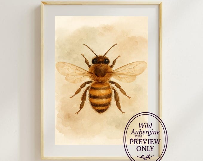Honey Bee Wall Art Printable | Digital Art Download | Vintage Botanical Bee Print | Boho Nature Decor | Wild Aubergine