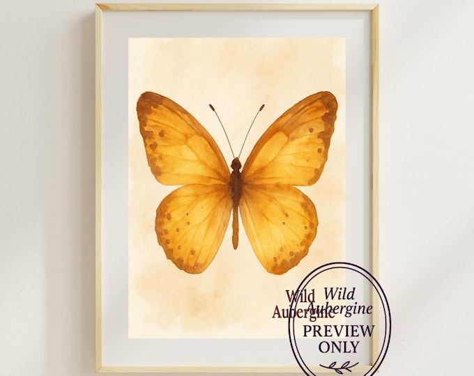 Orange Butterfly Wall Art | Digital Art Download | Watercolor Insect Printable | Boho Botanical Decor | Wild Aubergine