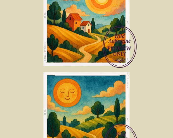 Whimsical Sun & Countryside Wall Art Set | Sunny Landscape Digital Prints | Rustic Boho Home Decor | Wild Aubergine