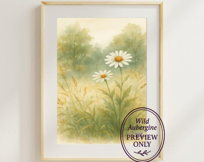 Daisy Field Landscape Print | Digital Art Download | Wildflower Meadow Wall Art | Boho Botanical Nature Decor | Wild Aubergine