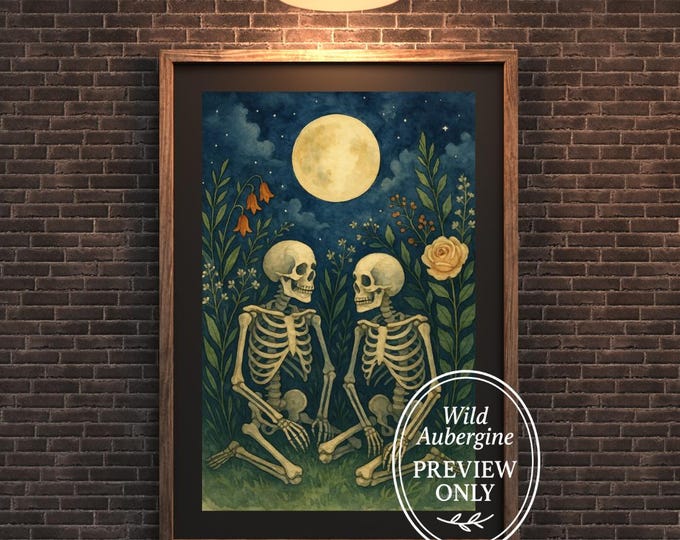 Skeleton Couple Under Moonlight: Gothic Botanical Watercolor Art | Dark Romantic (Digital Download)
