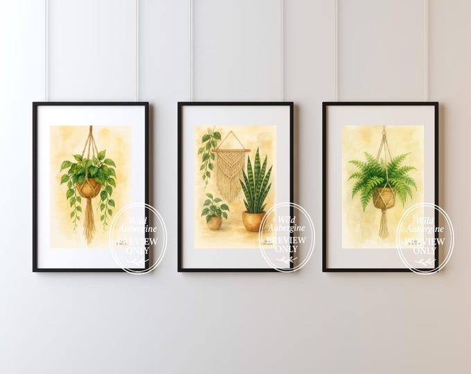 Boho Plant Wall Art Set of 3: Watercolor Macrame Hanging Plants (Digital Download)