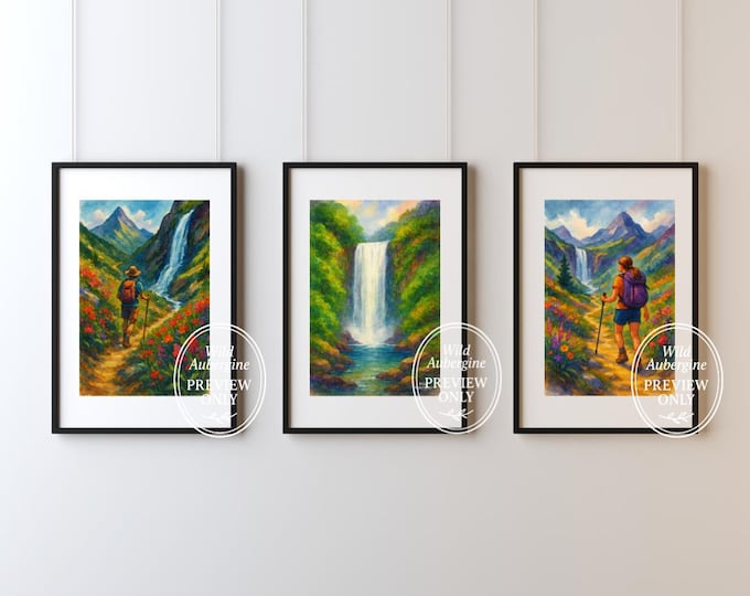 Hiking and Waterfall Wall Art Set | Vibrant Mountain Landscape Prints | Adventure & Nature Digital Download | Wild Aubergine