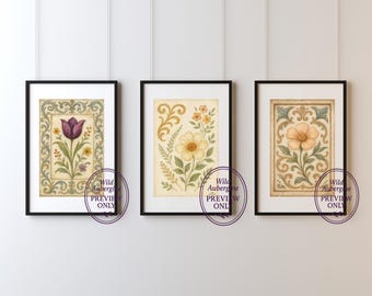 Vintage Floral Print Set of 3: Ornate Scroll Botanical Wall Art (Digital Download)