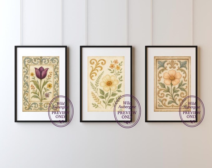 Vintage Floral Print Set of 3: Ornate Scroll Botanical Wall Art (Digital Download)