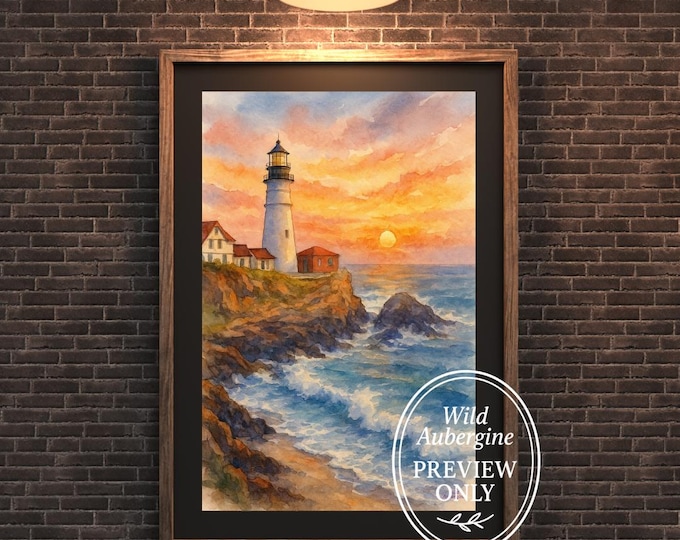 Lighthouse Coastal Wall Art: Watercolor Nautical Seascape Print Floral (Digital Download)