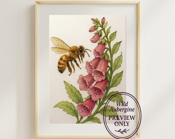 Honey Bee and Foxglove Watercolor | Botanical Wall Art Printable | Cottagecore Nature Art | Bee & Flower Illustration – Wild Aubergine