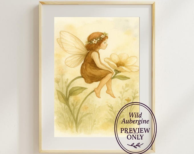 Sitting Fairy on a Flower Print | Digital Art Download | Young Girl Fairy Wall Art | Boho Botanical Nursery Decor | Wild Aubergine
