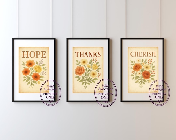 Hope Thanks Cherish Wall Art Set | Vintage Botanical Flower Prints | Inspirational Digital Download | Wild Aubergine