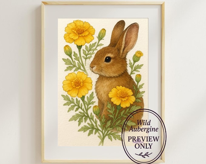 Bunny and Marigold Botanical Watercolor Art Print | Woodland Animal Nursery Decor | Instant Digital Download | Wild Aubergine
