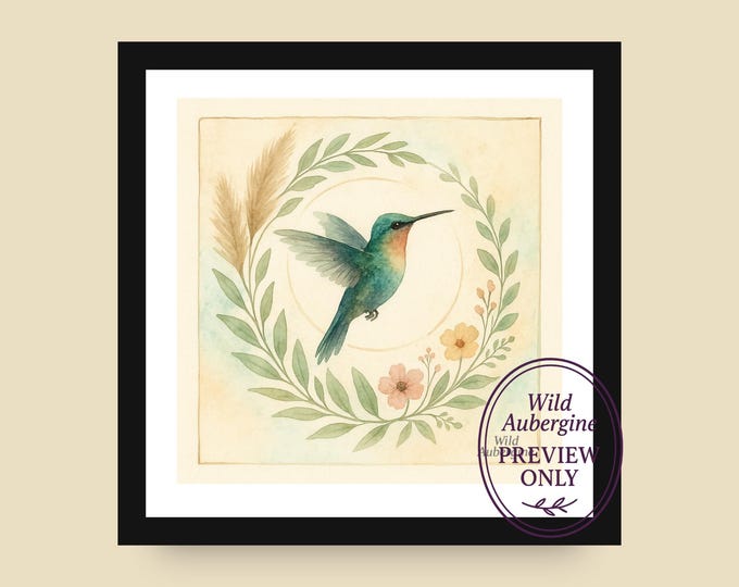 Hummingbird Watercolor Square Print: Floral Wreath Wall Art (Digital Download)