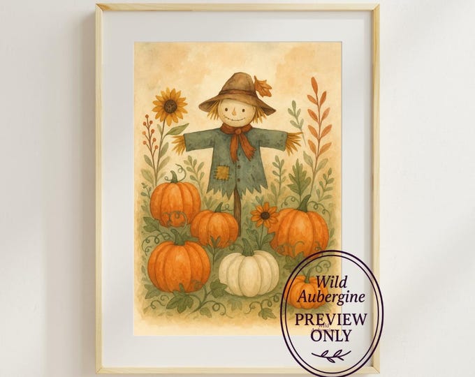 Watercolor Scarecrow & Pumpkins | Autumn Harvest Digital Print  | Digital Art Download | Cozy Autumn Decor | Rustic Print | Wild Aubergine