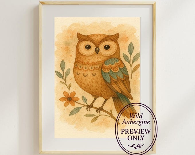 Boho Owl Wall Art | Digital Art Download | Earth Tone Owl on Branch with Greenery | Nature-Inspired Printable | Wild Aubergine