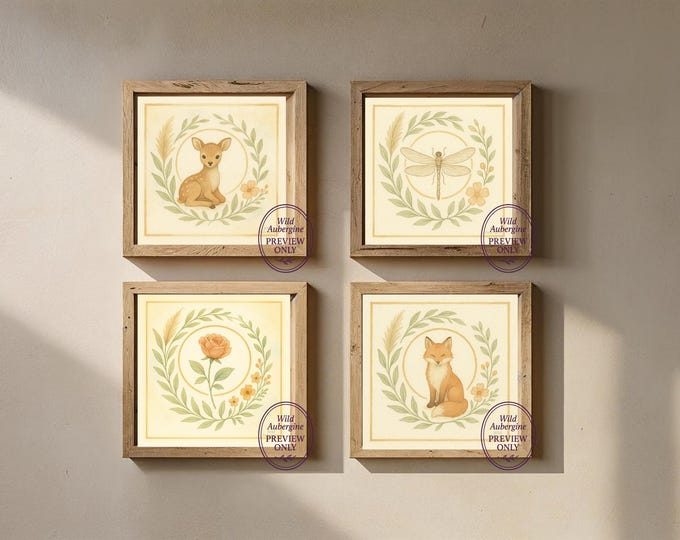 Woodland Nursery Prints: Baby Deer, Fox, Floral Cottagecore Art (Digital Download)