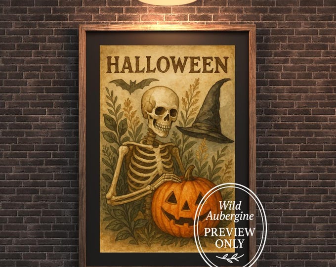 Vintage Halloween Skeleton Wall Art: Gothic Pumpkin Witch Hat Print | Spooky Watercolor (Digital Download)