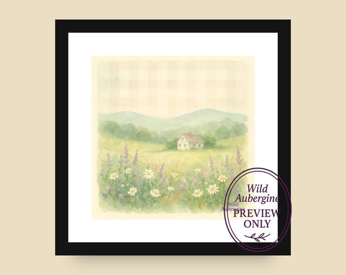Cottage Meadow with Gingham Sky (Square): Pastel Watercolor Landscape (Digital Download)