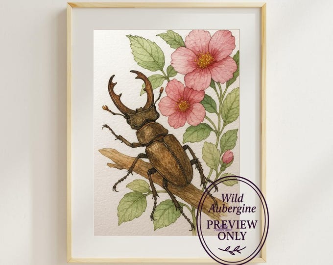 Stag Beetle Watercolor Print | Botanical Insect Art with Pink Flowers | Nature Illustration Digital Download | Wild Aubergine