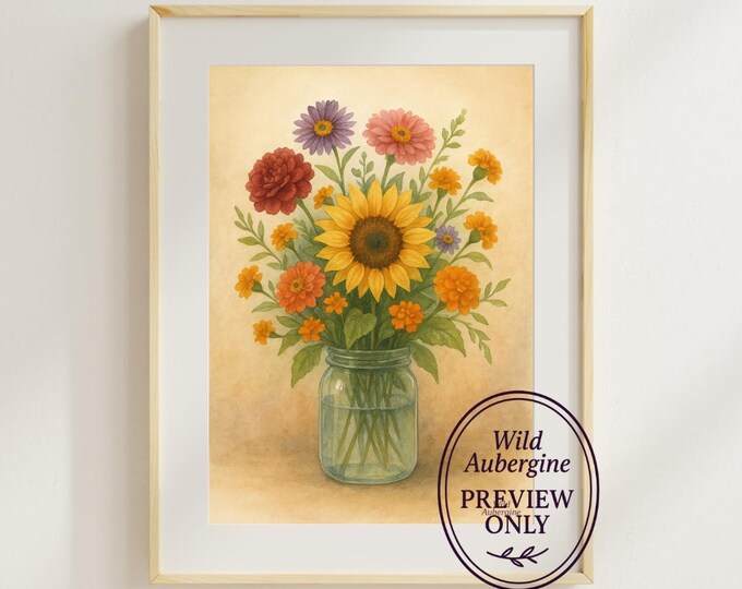 Sunflower & Wildflower Mason Jar Watercolor Print | Rustic Farmhouse Floral Wall Art | Instant Digital Download | Wild Aubergine