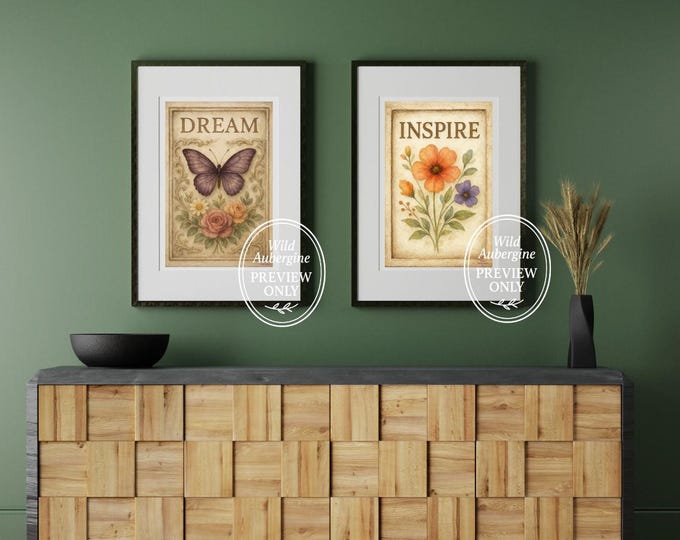 Dream & Inspire Botanical Prints | Vintage Floral Wall Art Set of 2 | Inspirational Quote Decor | Digital Download | Wild Aubergine