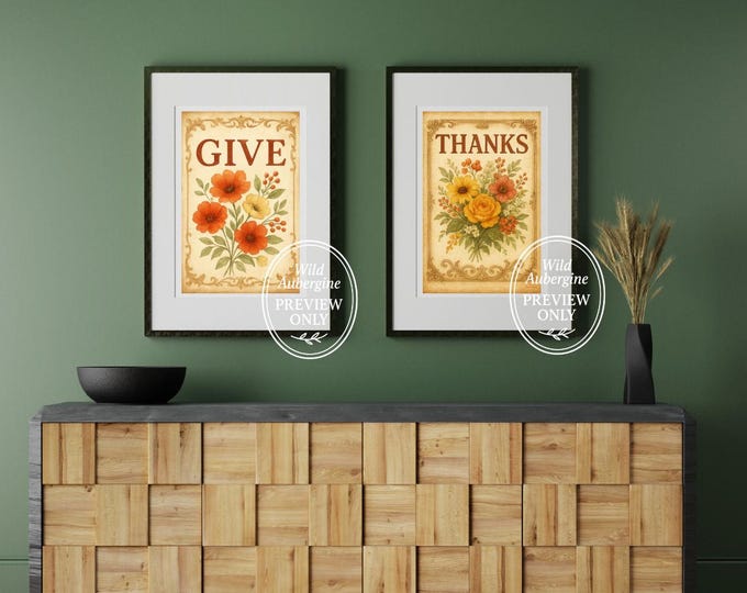 Give Thanks Wall Art Set | Vintage Botanical Thanksgiving Prints | Fall Harvest Floral Decor | Autumn Printable Artwork | Wild Aubergine