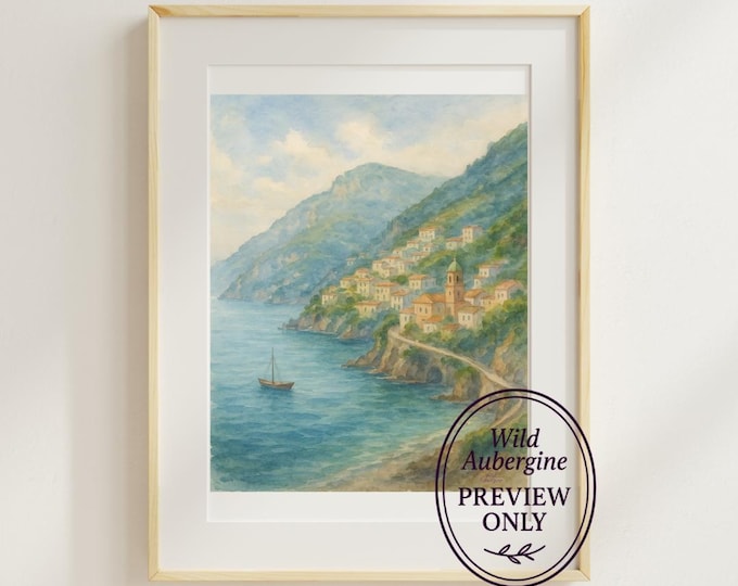 Italian Coastal Village Watercolor – Digital Download | Printable Wall Art | Wild Aubergine