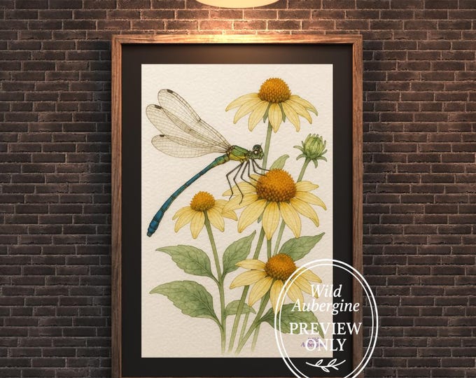 Dragonfly Botanical Wall Art: Watercolor Wildflower Insect Print (Digital Download)