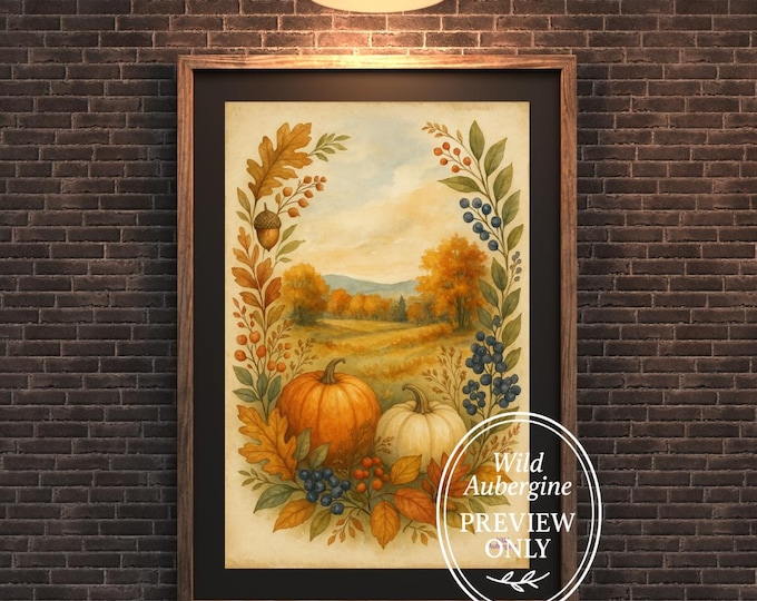 Autumn Pumpkin Field Wall Art | Fall Landscape with Leaves and Berries | Digital Download | Wild Aubergine