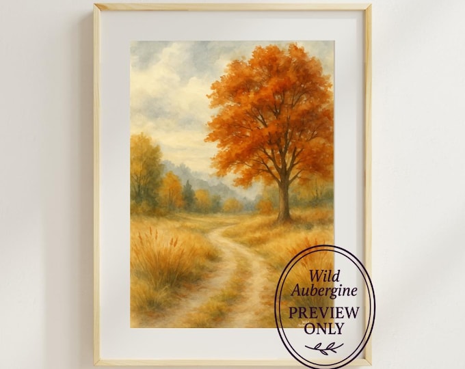 Golden Autumn Tree Watercolor Print | Fall Landscape Wall Art | Rustic Nature Path Decor | Digital Download | Wild Aubergine
