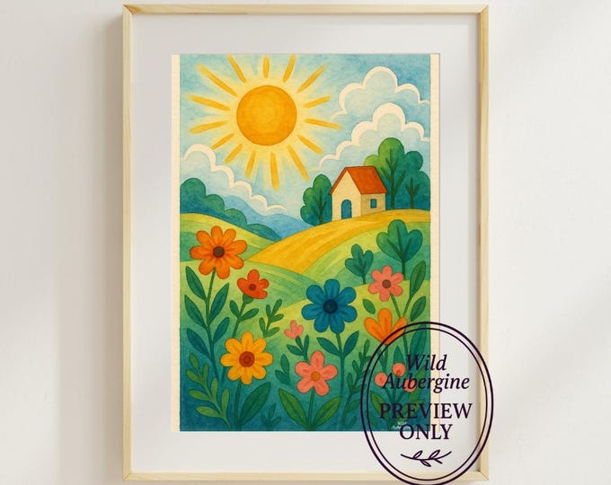 Whimsical Summer Meadow Watercolor Print – Digital Download, Bright Sun & Wildflowers Art | Digital Art Download | Wild Aubergine
