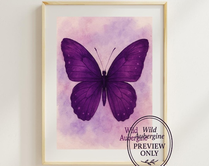 Purple Butterfly Wall Art | Digital Art Download | Watercolor Insect Printable | Boho Botanical Decor | Wild Aubergine