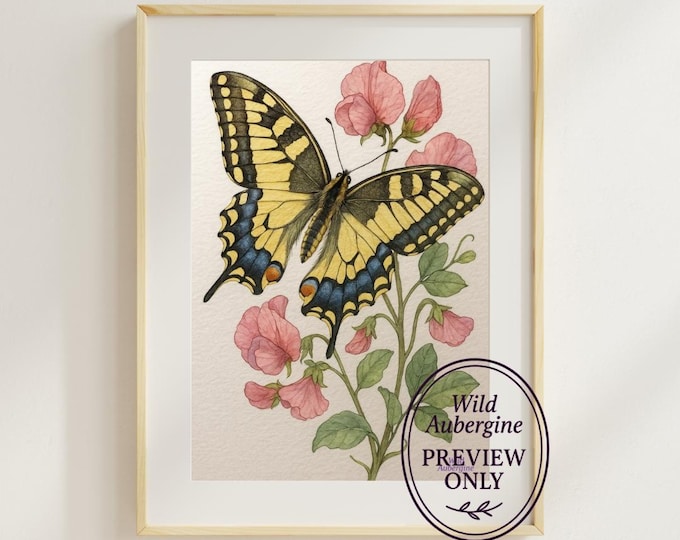 Yellow Swallowtail Butterfly & Pink Flowers Printable Wall Art | Digital Art Download | Botanical Boho Pastel Nursery Decor | Wild Aubergine
