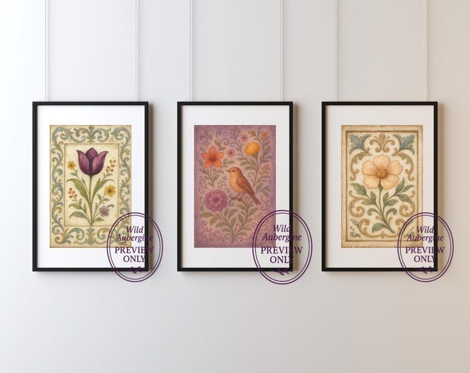 Vintage Floral Wall Art Set of 3: Folk Art & Botanical Prints (Digital Download)