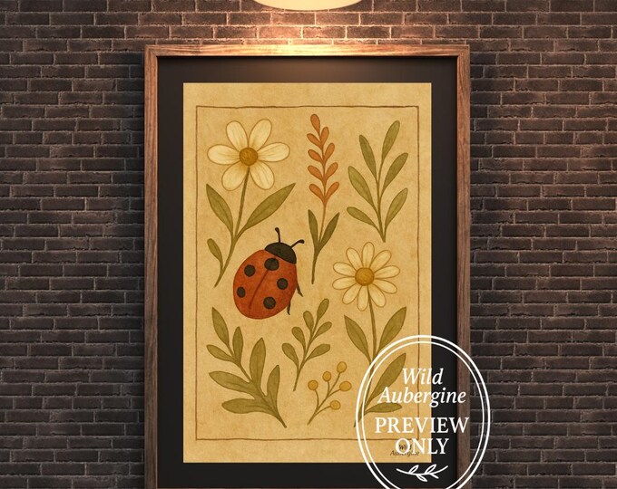 Ladybug & Daisies Botanical Print: Vintage Parchment Watercolor (Digital Download)