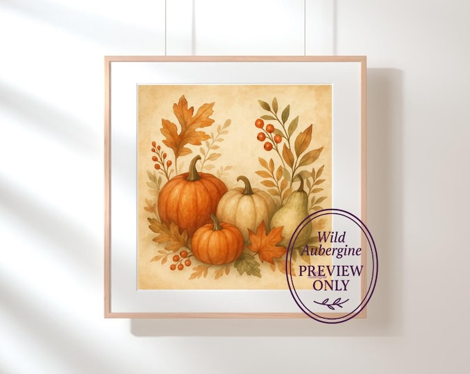 Rustic Pumpkin Fall Wall Art | Autumn Leaves & Harvest Fruit Watercolor | Farmhouse Thanksgiving Digital Download | Wild Aubergine
