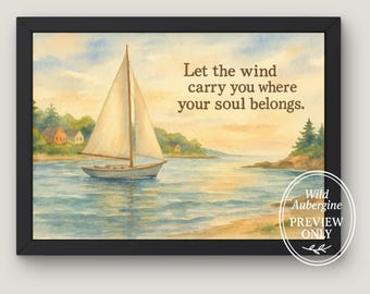 Impresión de acuarela de un velero al atardecer: Arte mural náutico costero (descarga digital)