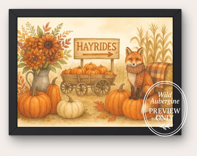 Rustic Fall Hayride Scene | Pumpkin Cart, Fox & Autumn Leaves  | Digital Art Download | Cozy Autumn Decor | Rustic Print | Wild Aubergine