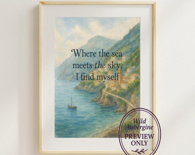 Coastal Wall Art | "Where the Sea Meets the Sky" | Blue Watercolor Ocean View | Italian Coast Printable | Wild Aubergine
