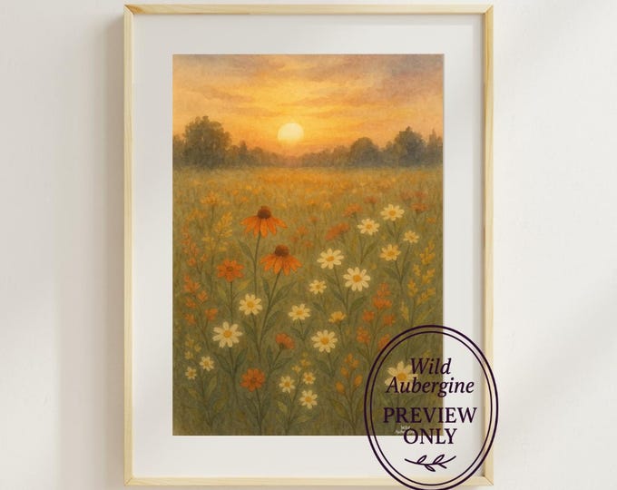Sunset Meadow Wildflowers | Fall Landscape Wall Art | Digital Art Download | Wild Aubergine