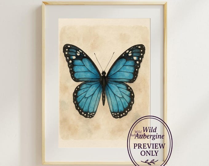 Blue Butterfly Wall Art Print | Digital Art Download | Boho Insect Printable | Nature Decor for Calm Spaces | Wild Aubergine