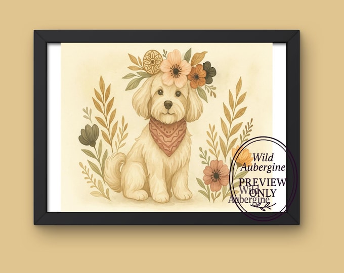 White Dog with Flower Crown | Digital Art Download | Floral Dog Wall Art | Boho Pet Printable | Wild Aubergine