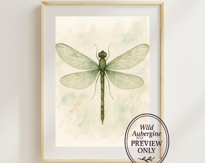 Green Watercolor Dragonfly Print | Digital Art Download | Insect Wall Art | Boho Botanical Nature Decor | Wild Aubergine