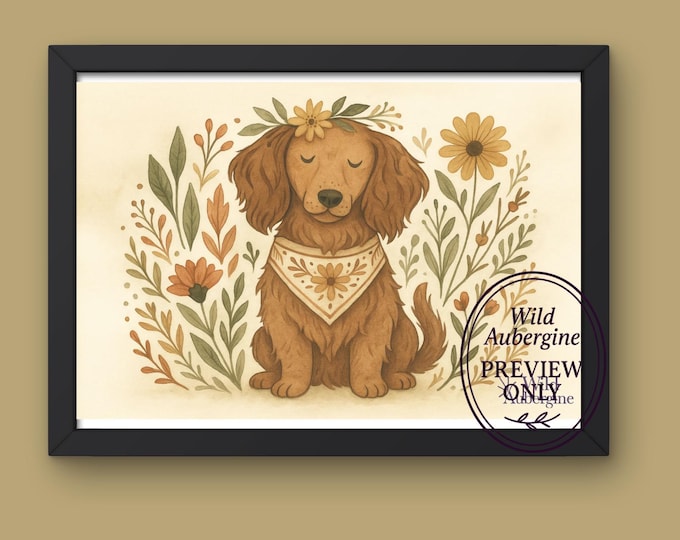Dachshund Floral Wall Art | Digital Art Download | Boho Dog with Floral Scarf | Botanical Pet Print | Wild Aubergine